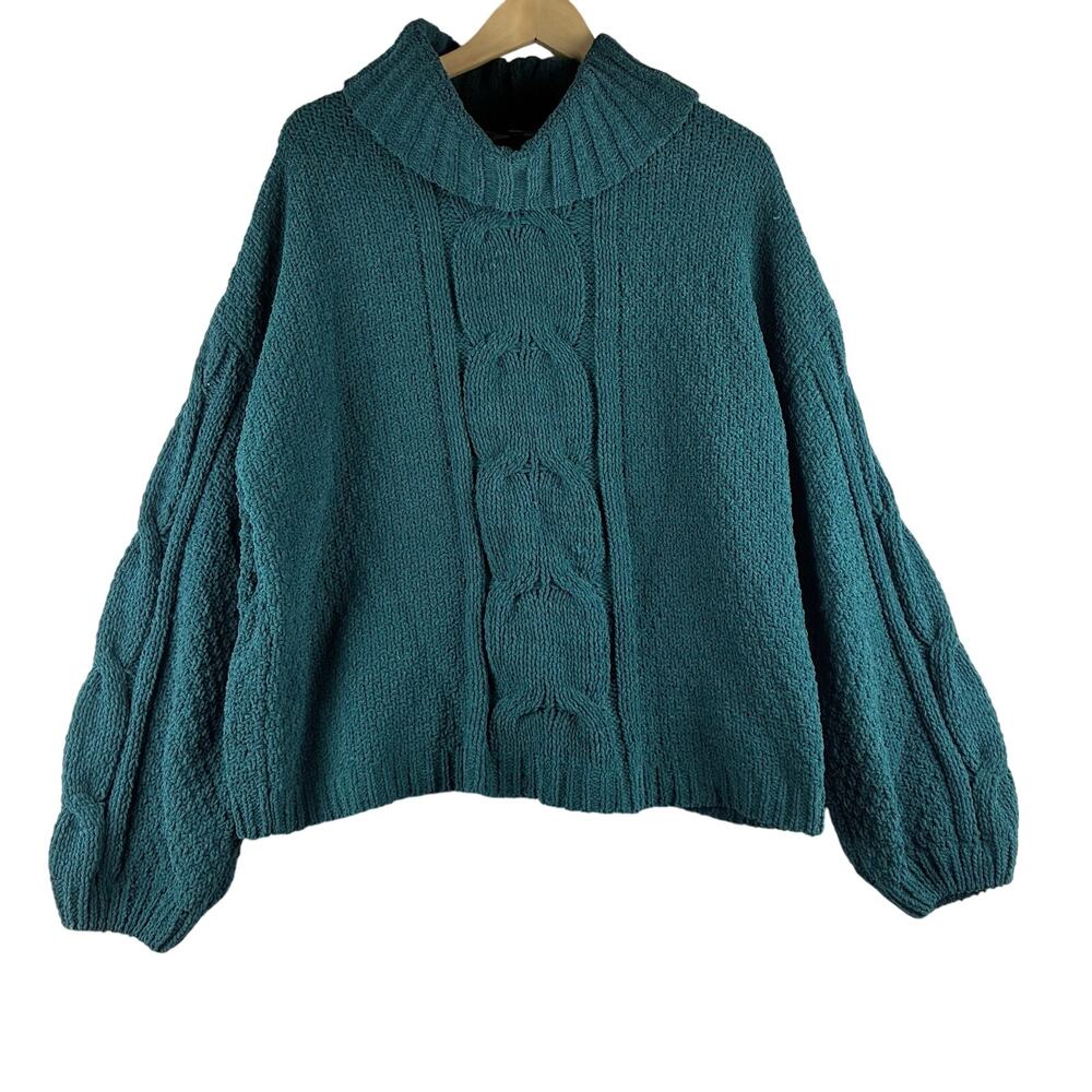 Seven7 Chunky Pullover Sweater Women's Large Dark Teal Cable Knit Chenille Cozy